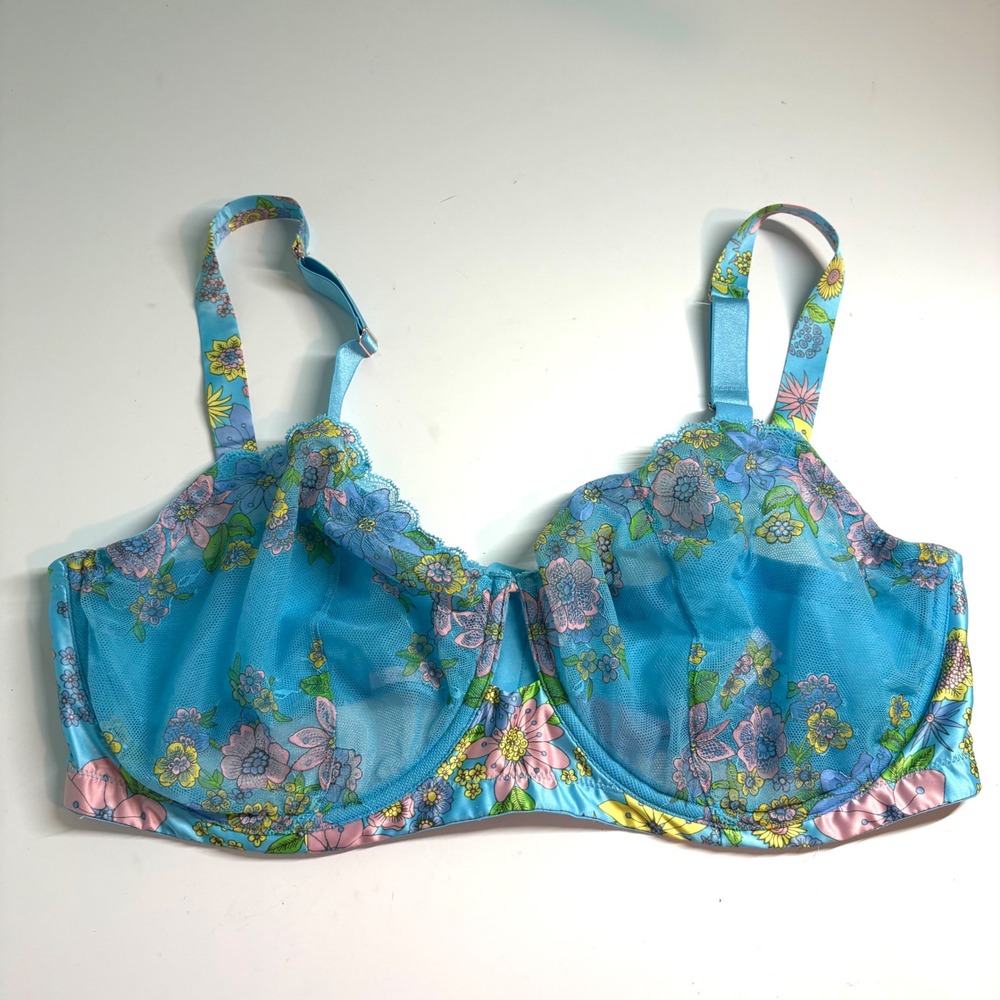 Savage x Fenty Turquoise Floral Print Mesh Bra in Size 42H